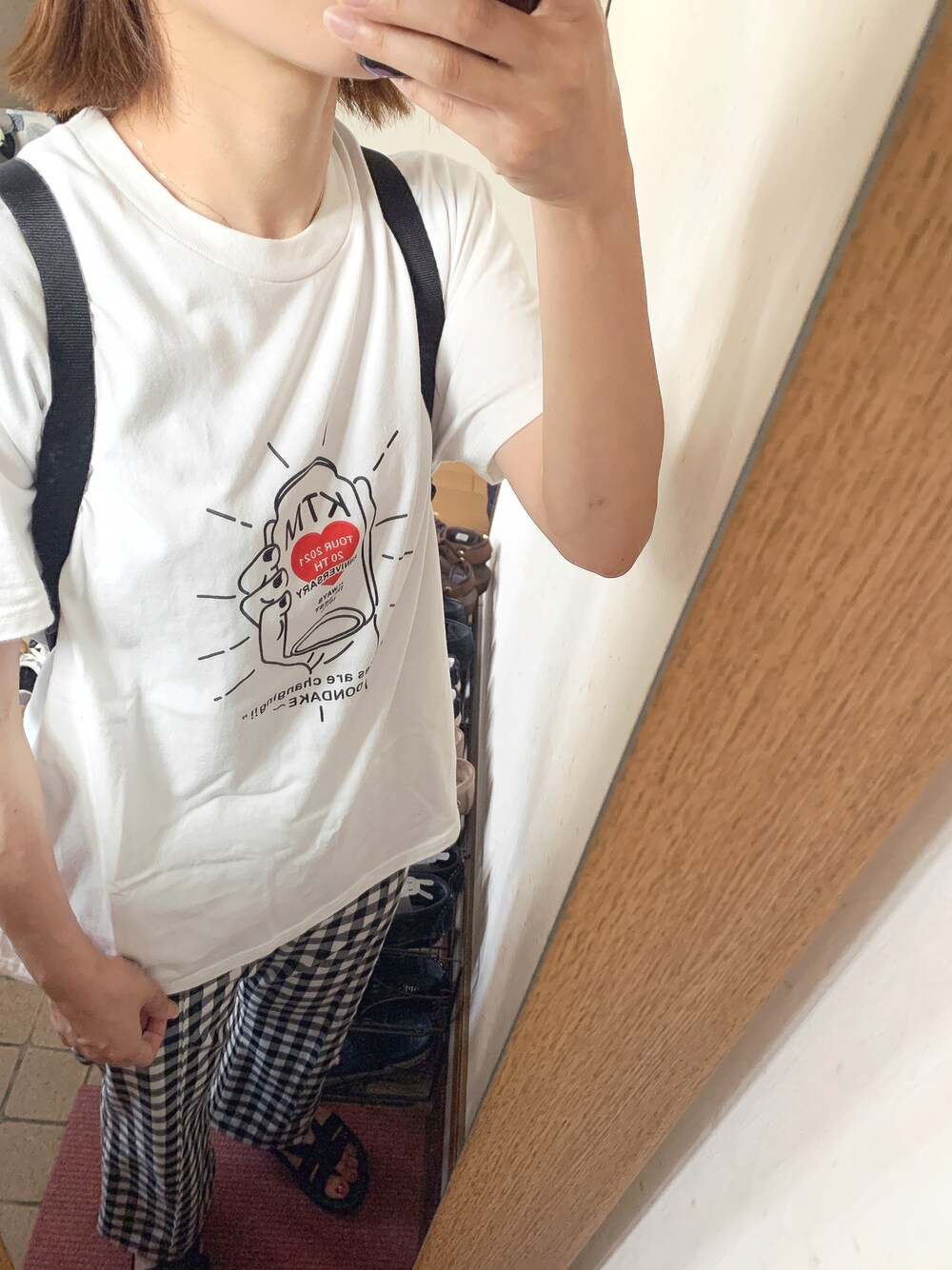「サンダル、休日コーデ、カジュアルコーデ、おしゃれさんと繋がりたい、Tシャツ、厚底サンダル」｜「U by SPICK&SPANのハイウエストギンガムチェックパンツ◆（パンツ、その他）」を使った、みむさん（レディース・156cm）の夏コーディネートの1枚目の写真