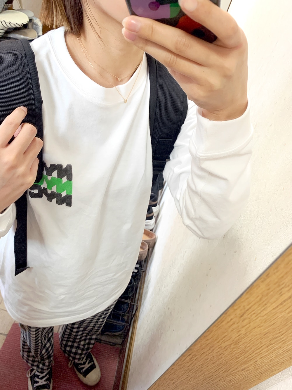 「ゆるコーデ、野球観戦、おしゃれさんと繋がりたい、ロンT、コンバース、パンツスタイル、休日スタイル」｜「U by SPICK&SPANのハイウエストギンガムチェックパンツ◆（パンツ、その他）」を使った、みむさん（レディース・156cm）の春コーディネートの1枚目の写真