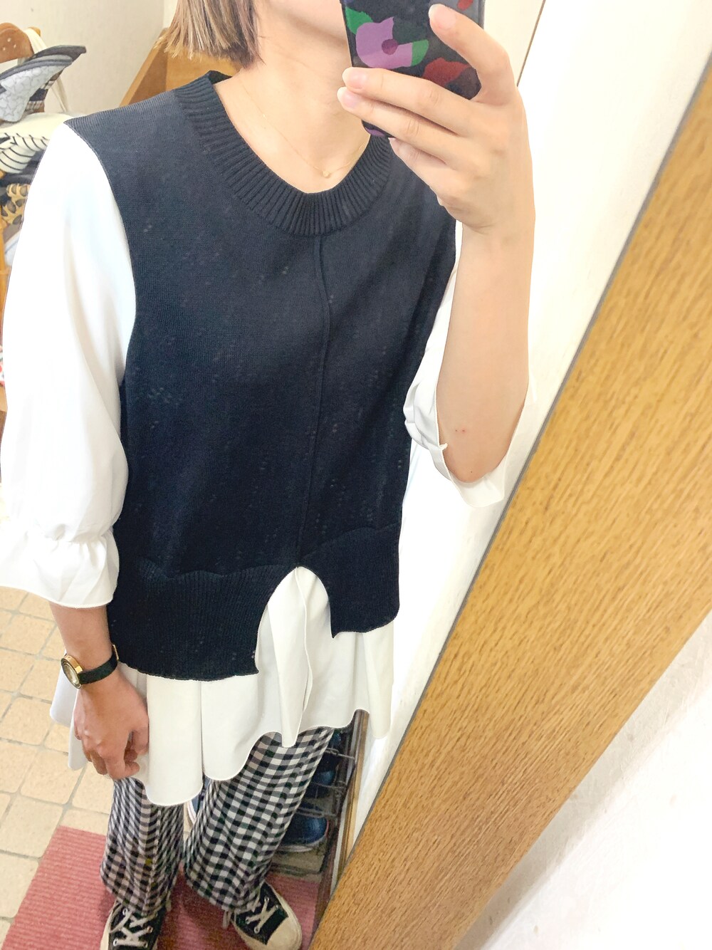 「休日スタイル、大人カジュアル、コンバース、春コーデ、おしゃれさんと繋がりたい、ごきげんウィーク、スニーカー」｜「U by SPICK&SPANのハイウエストギンガムチェックパンツ◆（パンツ、その他）」を使った、みむさん（レディース・156cm）の春コーディネートの1枚目の写真