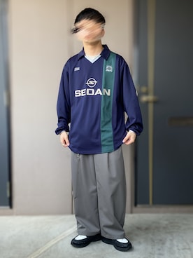 「SEDAN ALL-PURPOSE（セダンオールパーパス）のSEDAN ALL-PURPOSE | ゲームシャツ MEN（Tシャツ/カットソー、ブルー系）」を使った、おます@低身長(159cm)さん（メンズ・159cm）の春コーディネート