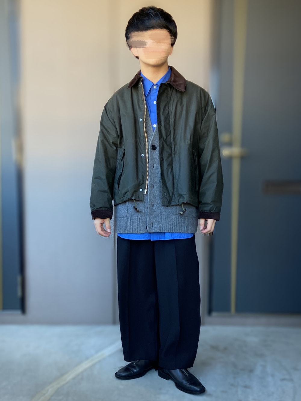 「UNITED ARROWS & SONS、GYMPHLEX、FreshService、KAPTAIN SUNSHINE、barbour、低身長男子、ISHMM、オイルドジャケット、オーバーサイズ、革靴」｜「ISHMMのISHMM ZIPレザーシューズ（ドレスシューズ、ブラック系）」を使った、おます@低身長(159cm)さん（メンズ・159cm）の冬コーディネートの1枚目の写真
