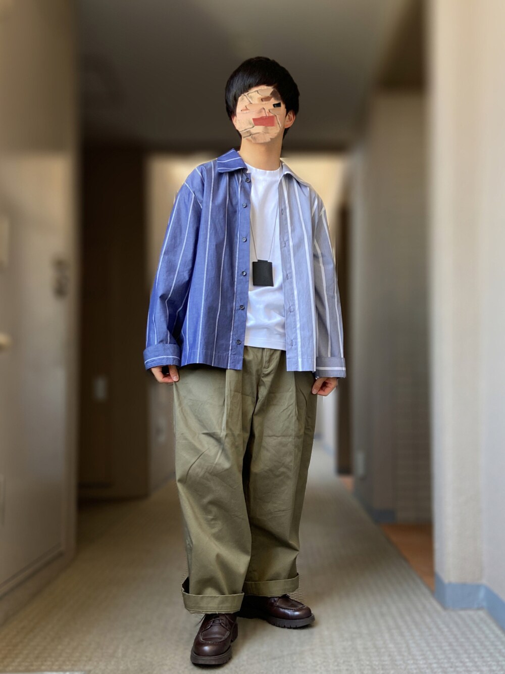 「オリーブ、革靴、ストライプシャツ、シャツコーデ、KLEMAN、ユニクロU、VOAAOV、iTTi、ラブアンドピース2021」｜「VOAAOVの【VOAAOV】 stripe box shirt blouson / switch navy（シャツ/ブラウス、ブルー系）」を使った、おます@低身長(159cm)さん（メンズ・159cm）の秋コーディネートの1枚目の写真