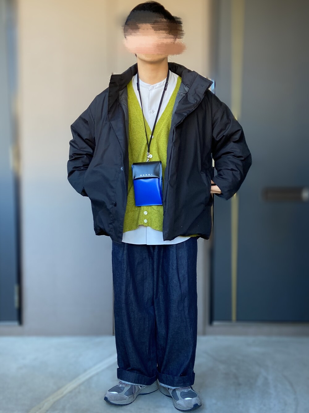 「MARNI、TOWNCRAFT、MUJI Labo、MUJI、A+TOKYO、エープラストウキョウ、カーディガン、Traditional Weatherwear、New Balance、低身長男子、ワイドデニム」｜「Traditional WeatherwearのUNIONSLACK 101（その他パンツ、ブルー系）」を使った、おます@低身長(159cm)さん（メンズ・159cm）の冬コーディネートの1枚目の写真