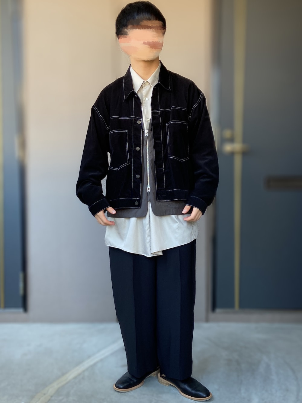 「MONKEY TIME、STILL BY HAND、ISHMM、UNITED ARROWS & SONS、古着、ベスト、低身長男子、ショート丈、古着MIX、サボ」｜「ISHMMのishmm sabot black（シューズ、ブラック系）」を使った、おます@低身長(159cm)さん（メンズ・159cm）の秋コーディネートの1枚目の写真
