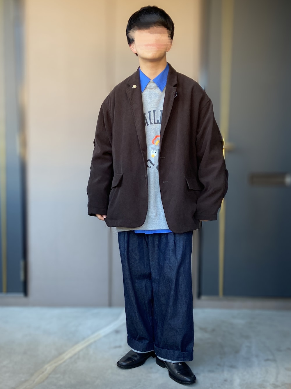 「FreshService、DAIWAPIER39、name.、Traditional Weatherwear、ISHMM、革靴、ジップシューズ、ゆるスウェット、ブルーシャツ、低身長男子、コーデュロイ」｜「ISHMMのISHMM ZIPレザーシューズ（ドレスシューズ、ブラック系）」を使った、おます@低身長(159cm)さん（メンズ・159cm）の冬コーディネートの1枚目の写真
