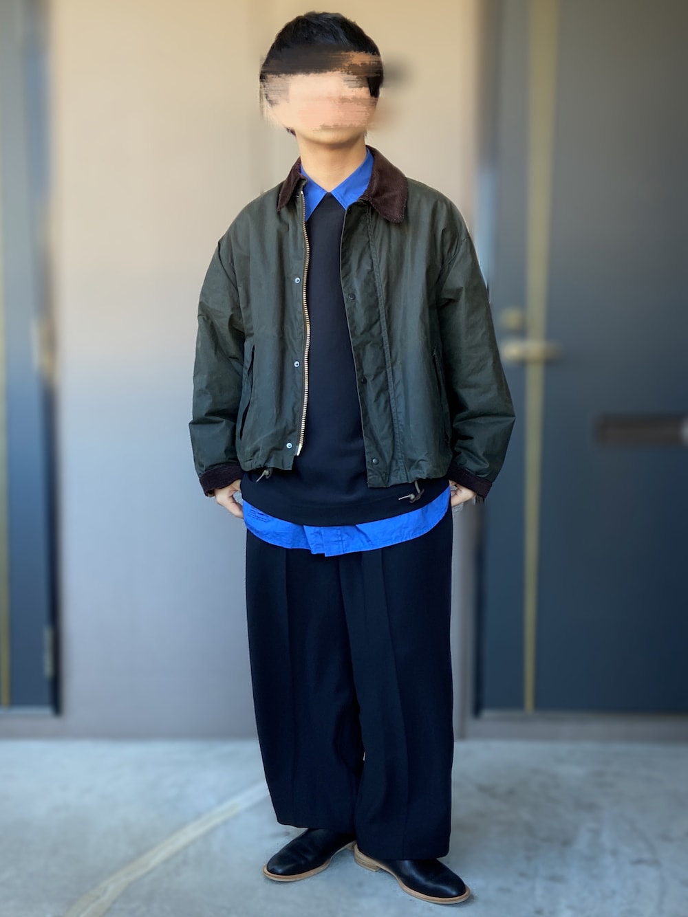 「KAPTAIN SUNSHINE、UNITED ARROWS & SONS、DaisukeObana、ISHMM、FreshService、低身長男子、セットアップ、オイルドジャケット、barbour、バブアー」｜「Kaptain Sunshineの【KAPTAIN SUNSHINE】オイルドジャケット BIG TRANSPORTER MEN（その他アウター、グリーン系）」を使った、おます@低身長(159cm)さん（メンズ・159cm）の春コーディネートの1枚目の写真