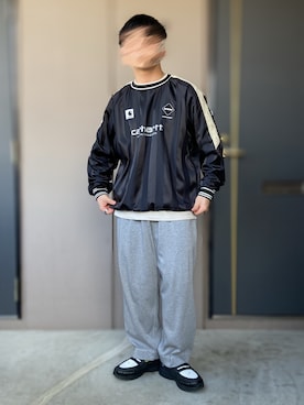「Carhartt WIP（カーハートダブリューアイピー）のCARHARTT WIP x FCRB WARM-UP PISTE - BLACK S（トップス、ブラック系）」を使った、おます@低身長(159cm)さん（メンズ・159cm）の春コーディネート