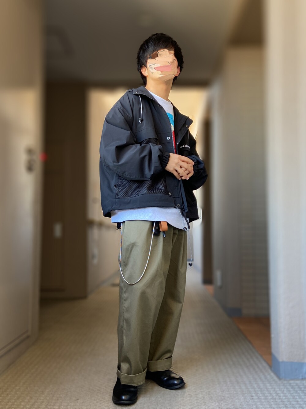 「Hender Scheme、Traditional Weatherwear、Columbia、MONKEY TIME、革靴、スウェット、Chi-bee、HIDAKA、革小物、チェーン、マウンテンパーカー」｜「Columbia Black Labelの＜Columbia Black label × monkey time＞ Coldwater HarbortTM Jacket/ジャケット（ブルゾン、ブラック系）」を使った、おます@低身長(159cm)さん（メンズ・159cm）の冬コーディネートの1枚目の写真