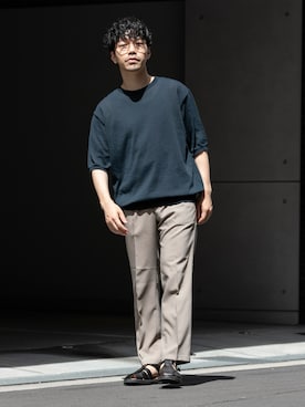 「URBAN RESEARCH ROSSO MEN（アーバンリサーチロッソメン）の『セットアップ対応』『防シワ』サマーウール調ストレートスラックス（その他パンツ、ベージュ系）」を使った、horiguchiさん（メンズ・172cm）の夏コーディネート