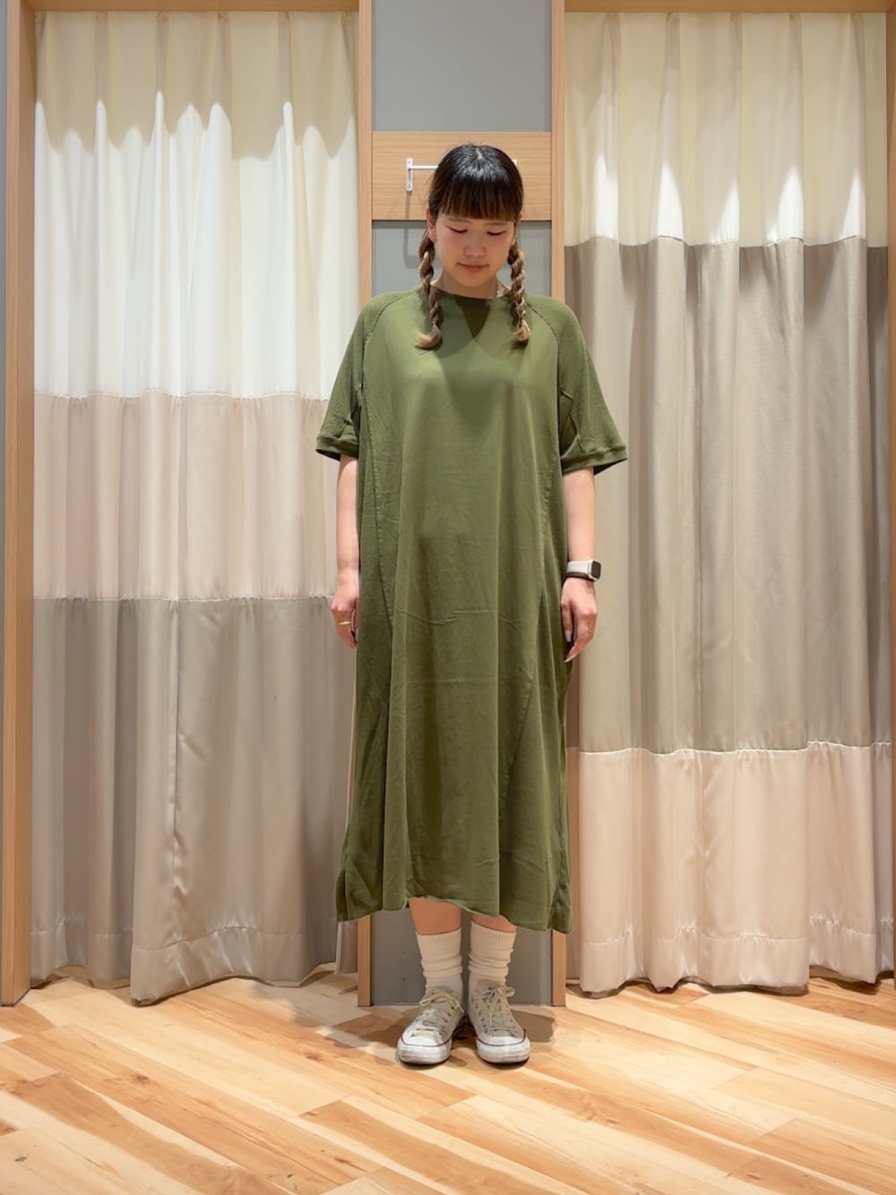 「カジュアル、カジュアルコーデ、ゆるコーデ、リラックススタイル、ラクチンコーデ、おしゃれさんと繋がりたい、SM2、エスエムツー、高身長女子、高身長コーデ」｜「SM2のアイテム（ワンピース/ドレス、グリーン系）」を使った、ミユ( ¨̮ )さん（レディース・170cm）の夏コーディネートの1枚目の写真