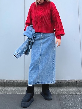 「ケーブルニット」｜「アイテム（デニムジャケット）」を使った、Airiさん（レディース・163cm）の冬コーディネート