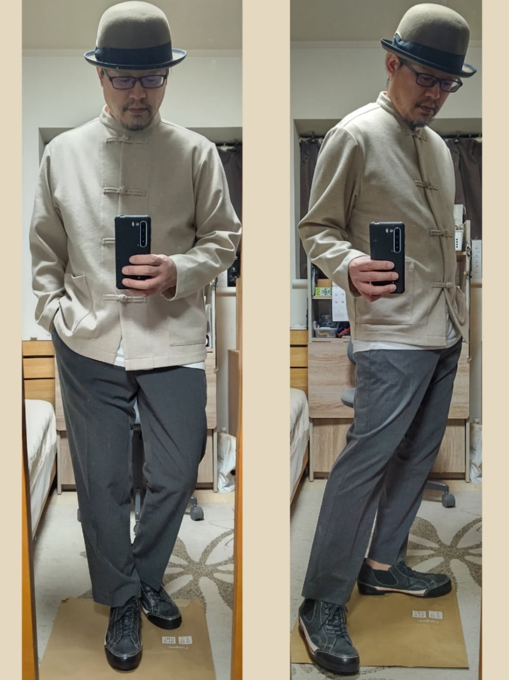 「お洒落さんとつながりたい、大人コーデ、チャイナシャツ、シンプル、スラックス、ハット、レザースニーカー、きれいめカジュアル、モノトーンコーデ、無印良品、UNIQLO、秋コーデ、秋服、個性的、今日のコーデ」｜「カヤのアイテム（ハット、ベージュ系）」を使った、YM（最近はインスタ寄り）さん（メンズ・172cm）の秋コーディネートの1枚目の写真