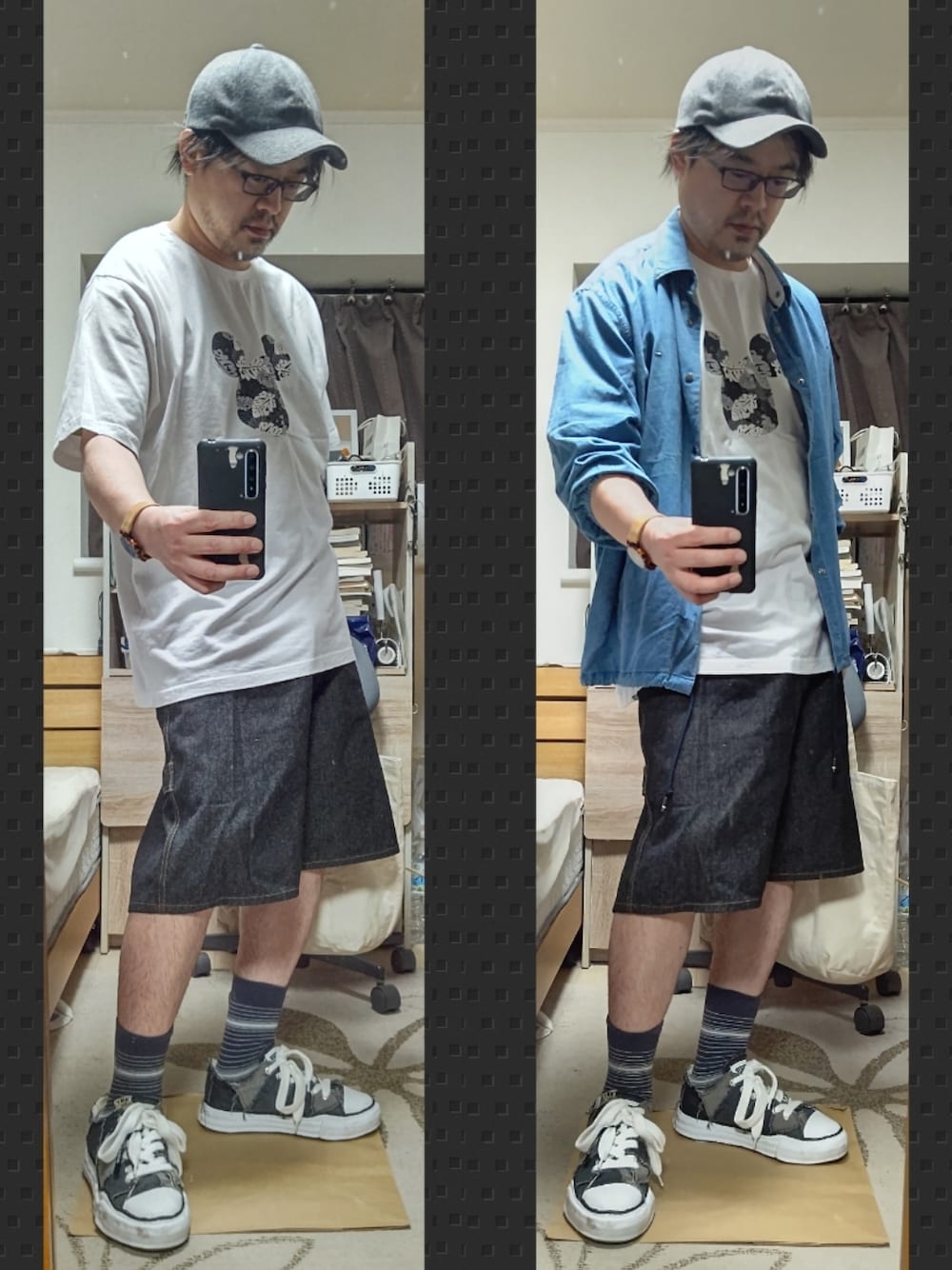 「夏コーデ、カジュアルコーデ、デニムっていいよね、休日スタイル、今日のコーデ、リラックススタイル、厚底シューズ、古着MIX、古着好きな人と繋がりたい、古着コーデ、デニムコーデ、ショートパンツ、ショーツ、ワイドパンツ、ディズニー」｜「Dickiesのアイテム（キャップ、グレー系）」を使った、YM（最近はインスタ寄り）さん（メンズ・172cm）の夏コーディネートの1枚目の写真