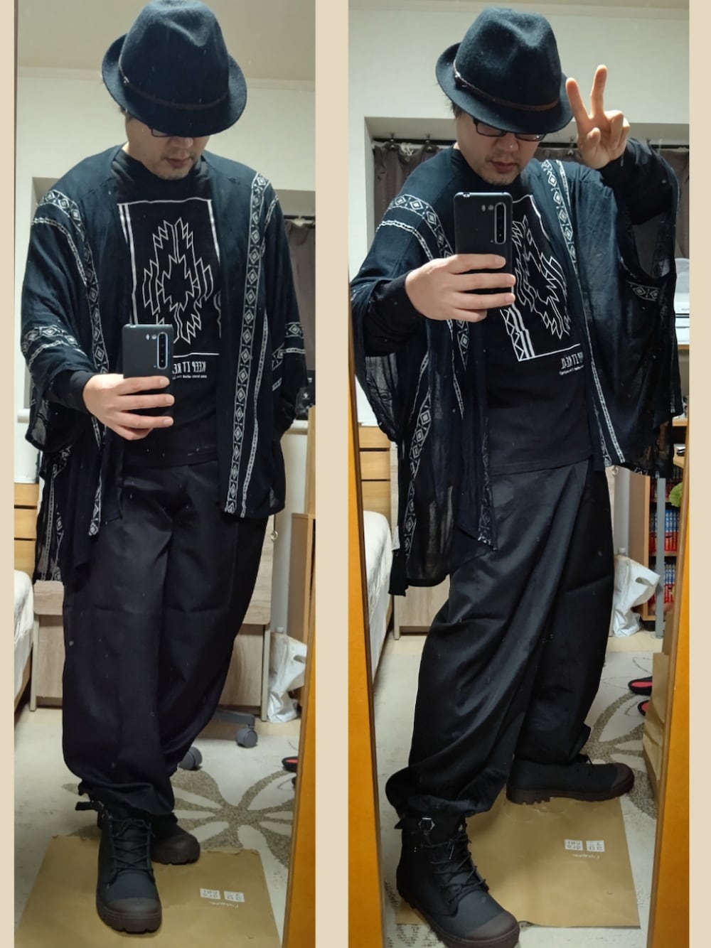 ブラック系のTシャツ/カットソー、ブラック系のカーディガン/ボレロ、ブラック系のその他パンツを着用したメンズの秋コーディネートの1枚目の写真