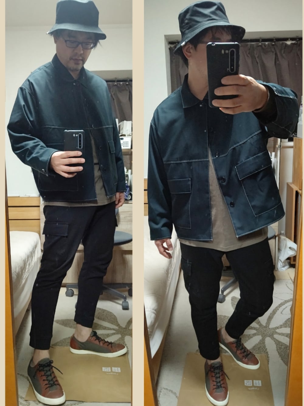 「だから秋服が好き、お洒落さんとつながりたい、秋コーデ、バケットハット、ジョガーパンツ、カジュアルコーデ、きれいめカジュアル、LACOSTE、古着MIX、古着、プチプラコーデ、ファッションの力を信じよう、レイヤードスタイル、メガネ男子、ビッグシルエット」｜「GUのアイテム（ハット、ブラック系）」を使った、YM（最近はインスタ寄り）さん（メンズ・172cm）の秋コーディネートの1枚目の写真