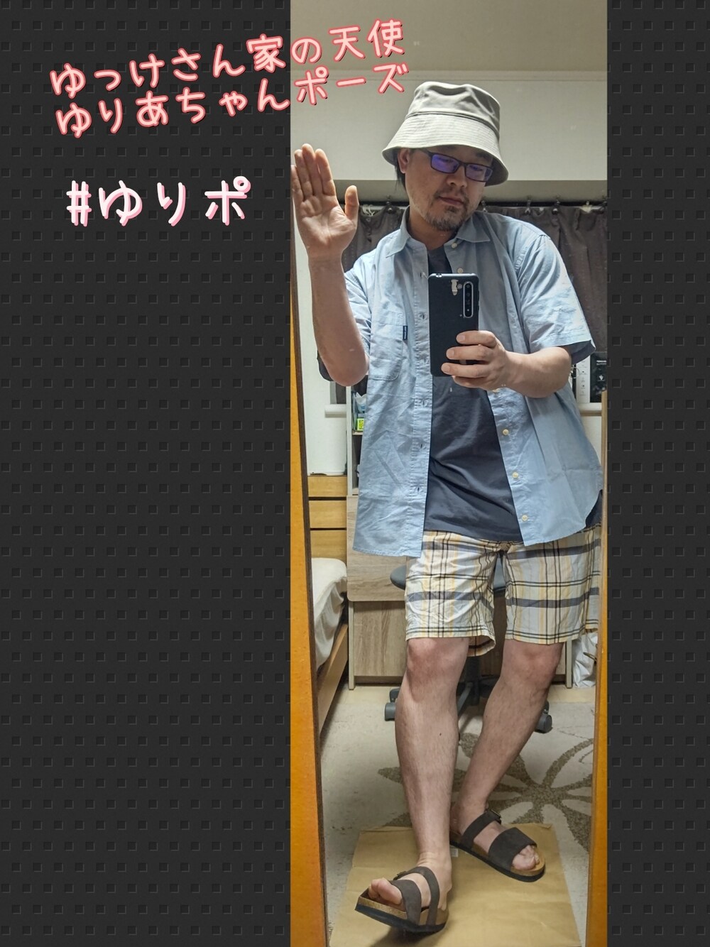 「ゆりポ、シャツスタイル、カジュアルコーデ、ショートパンツ、ショーツ、チェック柄、バケットハット、おしゃれさんと繋がりたい、可愛い、サンダル、夏コーデ、GU、古着MIX、カジュアルスタイル、休日コーデ」｜「SENSE OF PLACE by URBAN RESEARCHのベーシックバケットハット（ハット、グレー系）」を使った、YM（最近はインスタ寄り）さん（メンズ・172cm）の春コーディネートの1枚目の写真