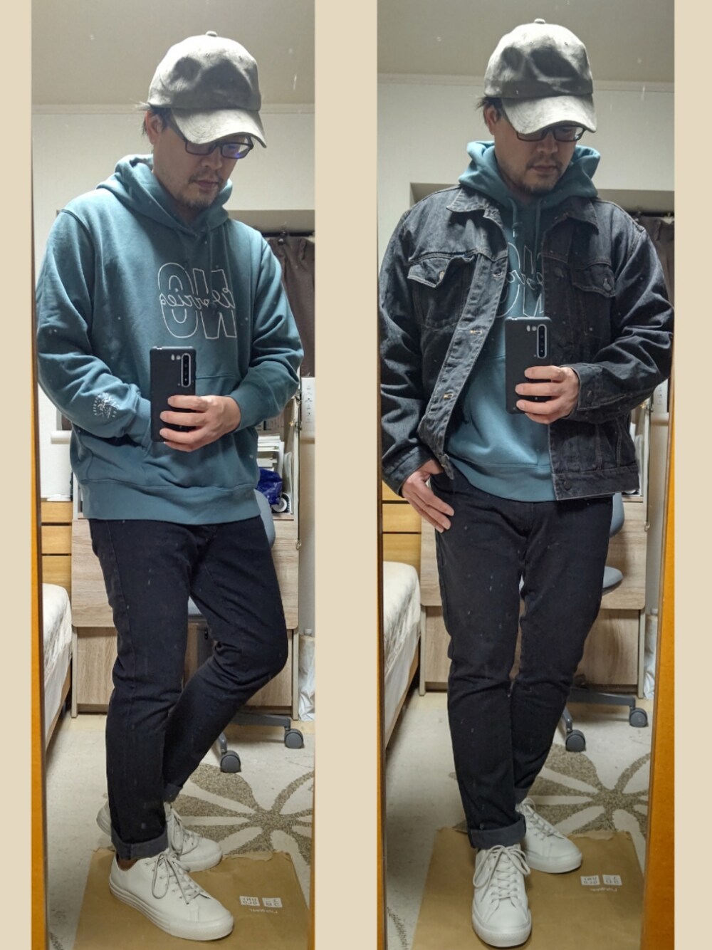 「だから秋服が好き、秋コーデ、カジュアル、デニムジャケット、パーカーコーデ、スキニー、ブラックスキニー、converse、コンバース オールスター、ジージャン、ラフコーデ、大人カジュアル、白スニーカー、おしゃれさんと繋がりたい、キャップ」｜「GLOBAL WORKのアソートCAP【抗菌防臭】/845448（キャップ、ベージュ系）」を使った、YM（最近はインスタ寄り）さん（メンズ・172cm）の秋コーディネートの1枚目の写真