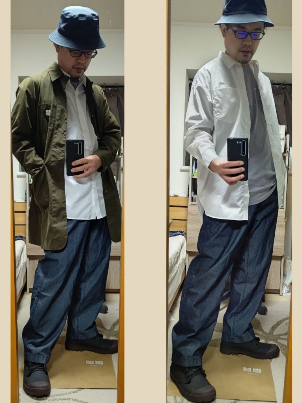 「おしゃれさんと繋がりたい、ステンカラーコート、白シャツ、レディース男子、ワイドパンツ、ワイドデニム、JWANDERSON、UNIQLO、ワークマン、バケットハット、デニムパンツ、秋コーデ、大人カジュアル、古着コーデ、ラフ」｜「WORKMANのアイテム（ハット、ブルー系）」を使った、YM（最近はインスタ寄り）さん（メンズ・172cm）の秋コーディネートの1枚目の写真