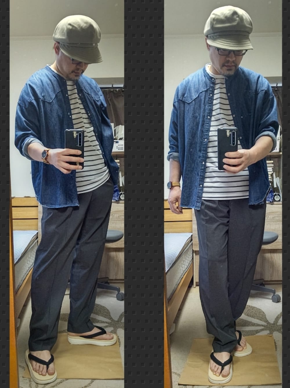 「おしゃれさんと繋がりたい、大人カジュアル、夏コーデ、サンダルコーデ、夏セールで買いました、ボーダー、プチプラコーデ、キャスケット、デニムシャツ、カットオフデニム、古着MIX、URBAN RESEARCH、UNIQLO、無印良品、スラックス」｜「無印良品のアイテム（キャスケット、ベージュ系）」を使った、YM（最近はインスタ寄り）さん（メンズ・172cm）の夏コーディネートの1枚目の写真