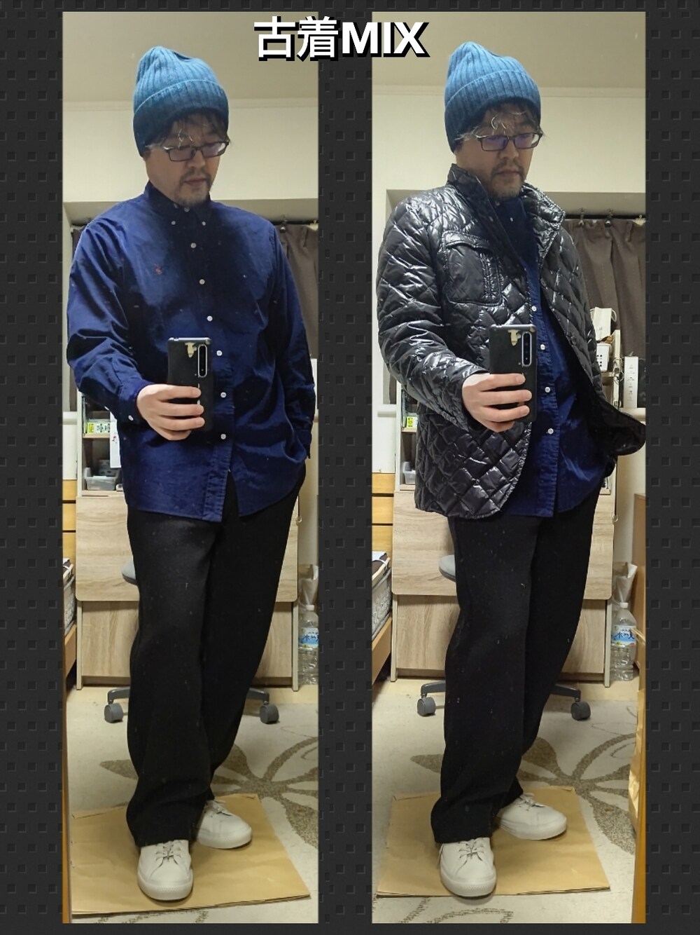 「古着MIX、古着、ビーニー、ニット帽、ダウンジャケット、コーデュロイシャツ、ラルフローレン、Ralph Lauren、フレアパンツ、プチプラ、converse、オールスター、白スニーカー、ライトアウター、ネイビー」｜「RALPH LAURENのアイテム（シャツ/ブラウス、ブルー系）」を使った、YM（最近はインスタ寄り）さん（メンズ・172cm）の冬コーディネートの1枚目の写真