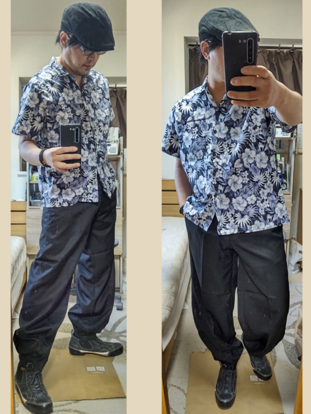 「革靴、アロハシャツ、花柄、レディース、レディース男子、ニッカポッカ、ワークパンツ、休日スタイル、ワークマン、ハンチング、レザースニーカー、キレイめ、カジュアルコーデ、大人カジュアル、ラフコーデ」｜「ハンドメイド帽専門店のアイテム（ハンチング/ベレー帽、ブラック系）」を使った、YM（最近はインスタ寄り）さん（メンズ・172cm）の夏コーディネートの1枚目の写真