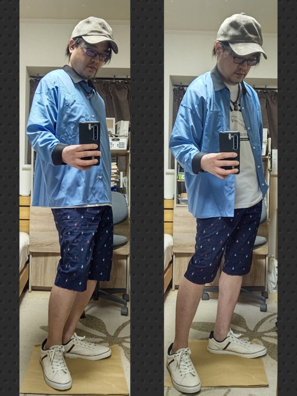 「休日スタイル、おしゃれさんと繋がりたい、淡色コーデ、スニーカーコーデ、白スニーカー、プチプラコーデ、古着コーデ、古着、夏、ショートパンツ、Ralph Lauren、シャツスタイル、ロゴT、Dickies、サックスブルー」｜「GLOBAL WORKのアソートCAP【抗菌防臭】/845448（キャップ、ベージュ系）」を使った、YM（最近はインスタ寄り）さん（メンズ・172cm）の春コーディネートの1枚目の写真