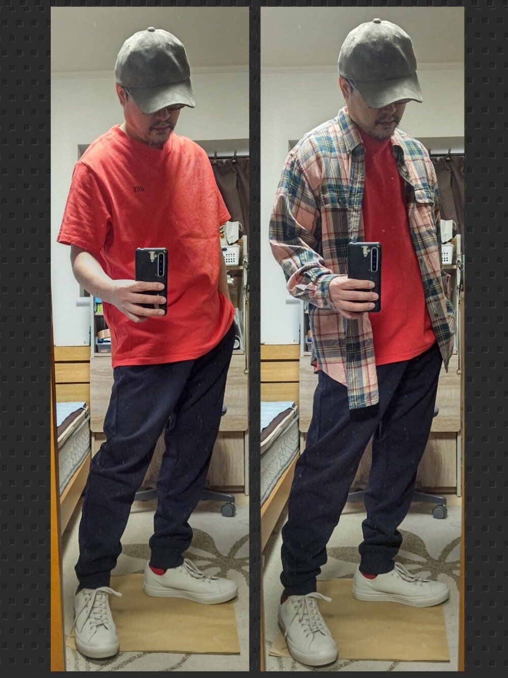 「カジュアルコーデ、Levi's、古着MIX、古着コーデ、秋、キャップ、白スニーカー、スウェットパンツ、赤、ユニクロ、ストリート、converse、チェックシャツ、Ralph Lauren、ラルフローレン」｜「GLOBAL WORKのアソートCAP【抗菌防臭】/845448（キャップ、ベージュ系）」を使った、YM（最近はインスタ寄り）さん（メンズ・172cm）の秋コーディネートの1枚目の写真