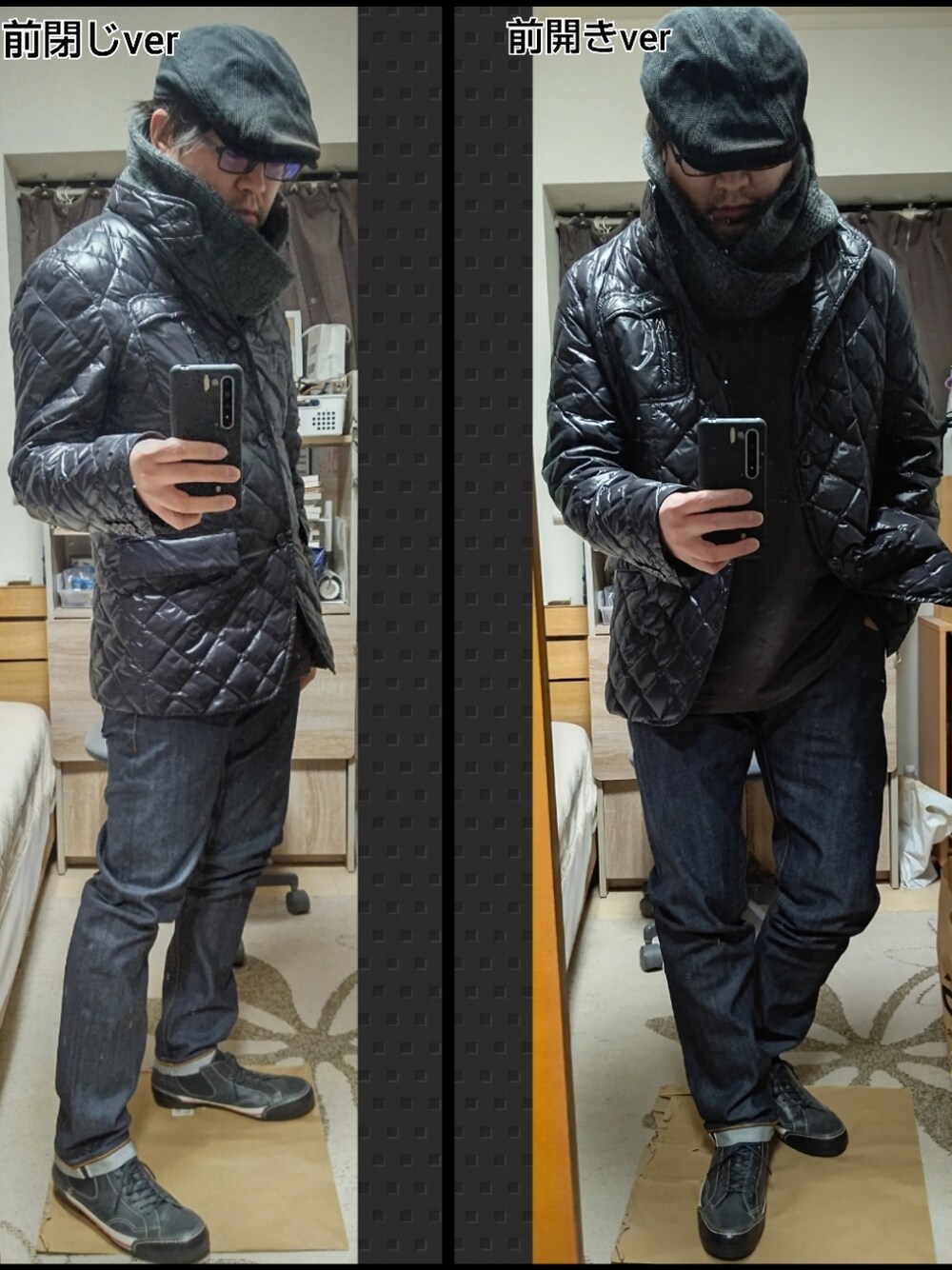 「休日スタイル、秋冬コーデ、おしゃれさんと繋がりたい、今日のコーデ、大人カジュアル、きれいめカジュアル、ダウンジャケット、デニム、ハンチング、スヌード、レザースニーカー、ダークカラー、ジルサンダー、コラボ、大人コーデ」｜「ハンドメイド帽専門店のアイテム（ハンチング/ベレー帽、ブラック系）」を使った、YM（最近はインスタ寄り）さん（メンズ・172cm）の冬コーディネートの1枚目の写真