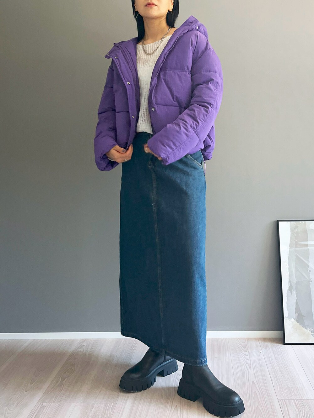 ダウンジャケット/コート（パープル系）を使った「ロングスカート」の