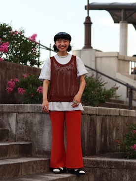 「ハンチング」｜「アイテム（タンクトップ）」を使った、おふじさん（レディース・165cm）の夏コーディネート