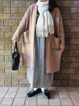 「メルトン」｜「アイテム（ノーカラーコート）」を使った、カナエさん（レディース・150cm）の冬コーディネート