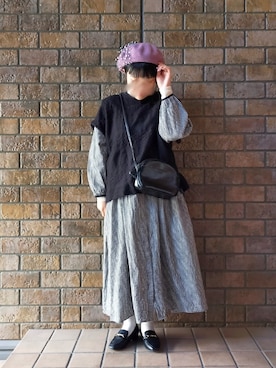 「アイテム（帽子、パープル系）」を使った、カナエさん（レディース・150cm）の秋コーディネート