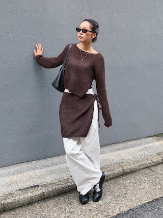 「HEILIS(ヘイリス)の【Ranna Select】 ワッフルニットラップスカートセット/ニットセット ニットセットアップ ニットトップス 長袖ニット レイヤードスカート ニットスカート 巻きスカート ラップスカート レイヤードアイテム 着回し 韓国ファッション 韓国コーデ カジュアル デイリー 秋服 冬服 ブラウン アイボリー(ニット/セーター)」を使った、Rannaさん(レディース・166cm)の秋コーディネート