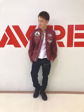 「アイテム（ライダースジャケット、レッド系）」を使った、RYOさん（メンズ・163cm）の秋コーディネート
