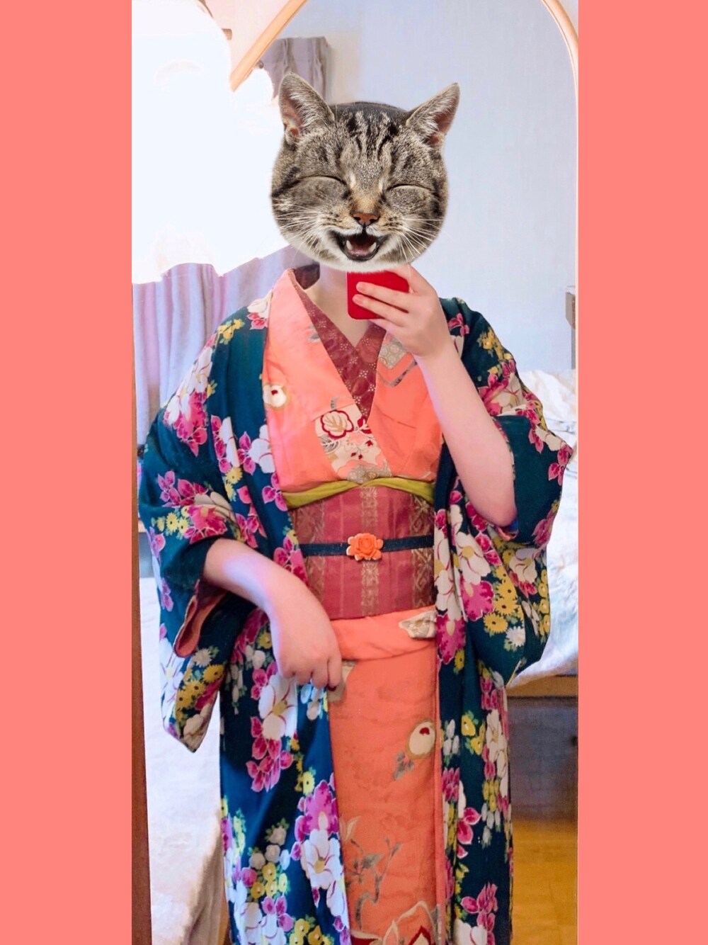 「レトロ、アンティーク着物、和洋折衷、大正浪漫、アンティーク羽織」｜「Handmadeのアイテム（和装小物、ピンク系）」を使った、つむぎさん（レディース・160cm）の秋コーディネートの1枚目の写真