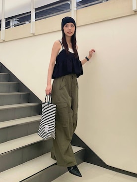 「JEANASIS（ジーナシス）のサイドロゴビーニー/1023343（ニットキャップ/ビーニー、ブラック系）」を使った、フィーさん（レディース・164cm）の夏コーディネート