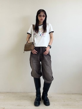 「JEANASIS（ジーナシス）の【kurry×JEANASIS】リンガーTEE/1043159（Tシャツ/カットソー、ホワイト系）」を使った、フィーさん（レディース・164cm）の夏コーディネート