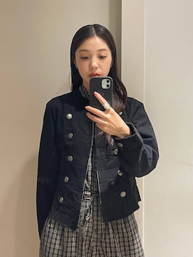 「JEANASIS（ジーナシス）のナポレオンジャケット/1069803（ノーカラーコート、ブラック系）」を使った、フィーさん（レディース・164cm）の秋コーディネート