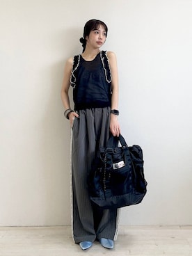 「eL（エル）の【eL】Stripe Lace Pants/1049488（スラックス、グレー系）」を使った、フィーさん（レディース・164cm）の夏コーディネート