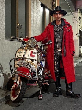 「アイテム（ライダースジャケット）」を使った、Takaya さん（メンズ・172cm）の冬コーディネート