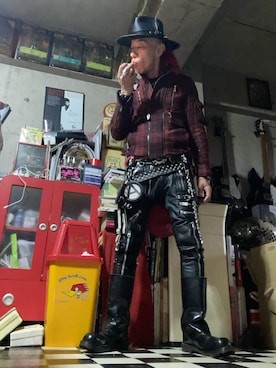 「アイテム（ライダースジャケット）」を使った、Takaya さん（メンズ・172cm）の冬コーディネート