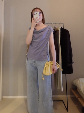 「LAGUNAMOON（ラグナムーン）の【接触冷感】オフショルドレープカットトップス（Tシャツ/カットソー、その他）」を使った、藤井さん（レディース・167cm）の春コーディネート