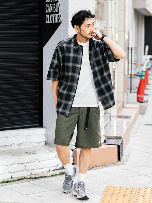 オーバーサイズ 無地/チェック柄/ストライプ柄レギュラーカラー半袖シャツ