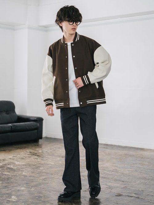 セール】オーバーサイズテックメルトン/PUレザー切替スタジャン