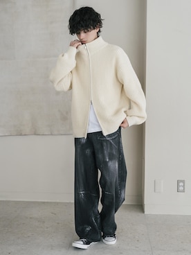 「Rocky Monroe（ロッキーモンロー）のオーバーサイズ畦編みダブルジップ長袖ドライバーズニットセーター（ニット/セーター、ホワイト系）」を使った、Rocky Monroeさん（レディース・173cm）の秋コーディネート