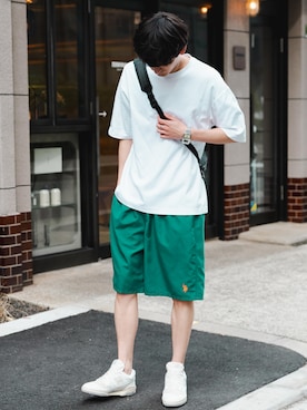 「U.S. POLO ASSN.（ユーエスポロアッスン）の新色追加 U.S. POLO ASSN. ユーエスポロアッスン 水陸両用 別注コラボ接触冷感ワンポイントロゴ刺繍イージーショートパンツ（その他パンツ、ブルー系）」を使った、Rocky Monroeさん（メンズ・172cm）の夏コーディネート