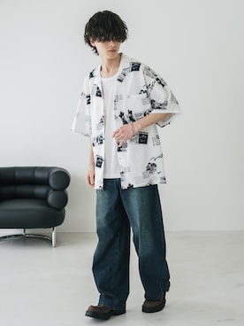 「Rocky Monroe（ロッキーモンロー）のヴィンテージライク ルーズシルエットバギーカーブデニムパンツ（デニムパンツ、ブルー系）」を使った、Rocky Monroeさん（メンズ・173cm）の春コーディネート