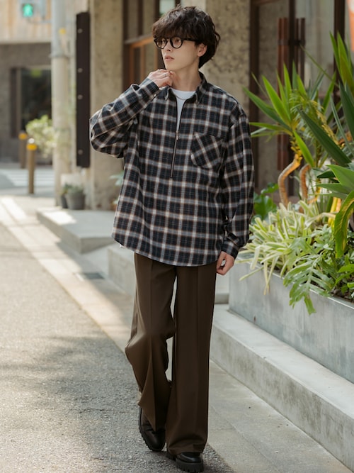 セール】ハーフジップオーバーサイズチェックシャツ/オンブレチェック