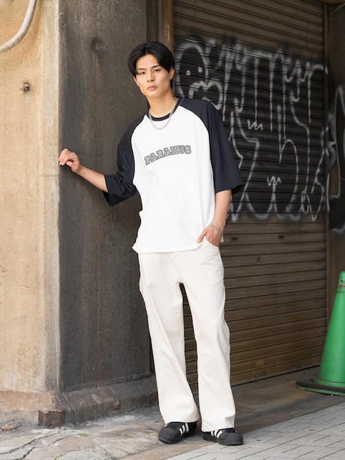 オーバーサイズ 別注 カレッジロゴプリントラグランビッグTシャツ