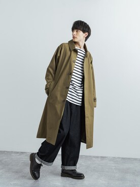 「バスクシャツ」｜「アイテム（ステンカラーコート）」を使った、Rocky Monroeさん（メンズ・176cm）の春コーディネート